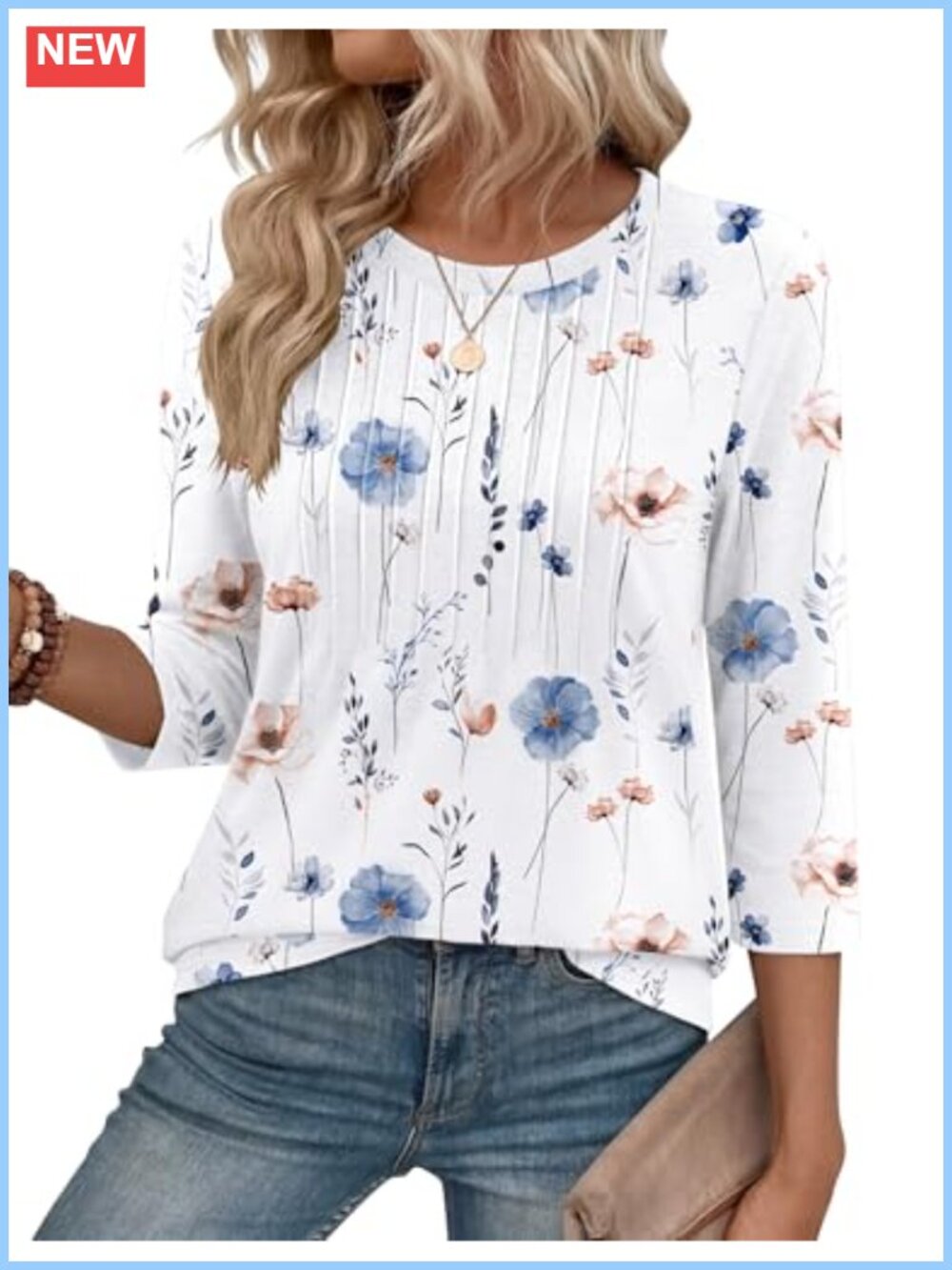 Zeagoo Womens 3/4 Sleeve Pleated Blouse Crew Neck Business Casual Tunic Top